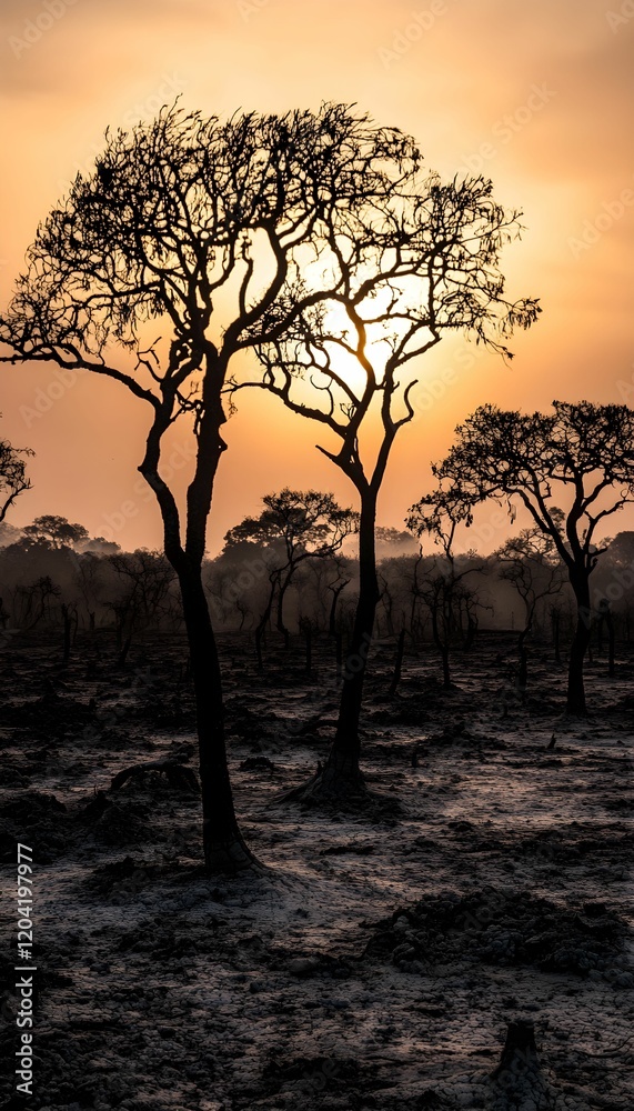 Silhouettes of trees against a sunset in a burnt landscape Silhouettes of trees against a sunset in a burnt landscape