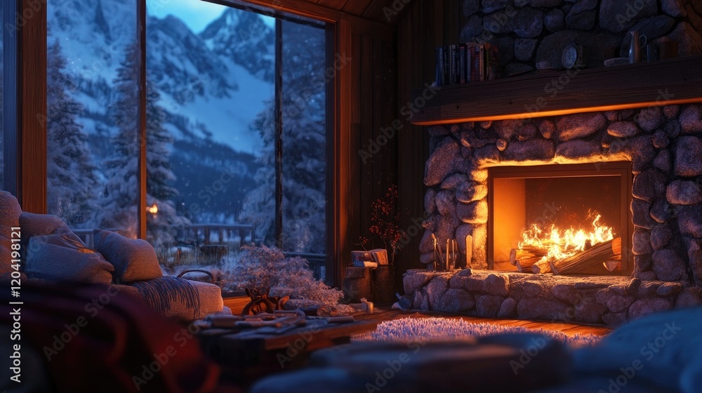 A cozy fireplace corner in a modern mountain retreat.