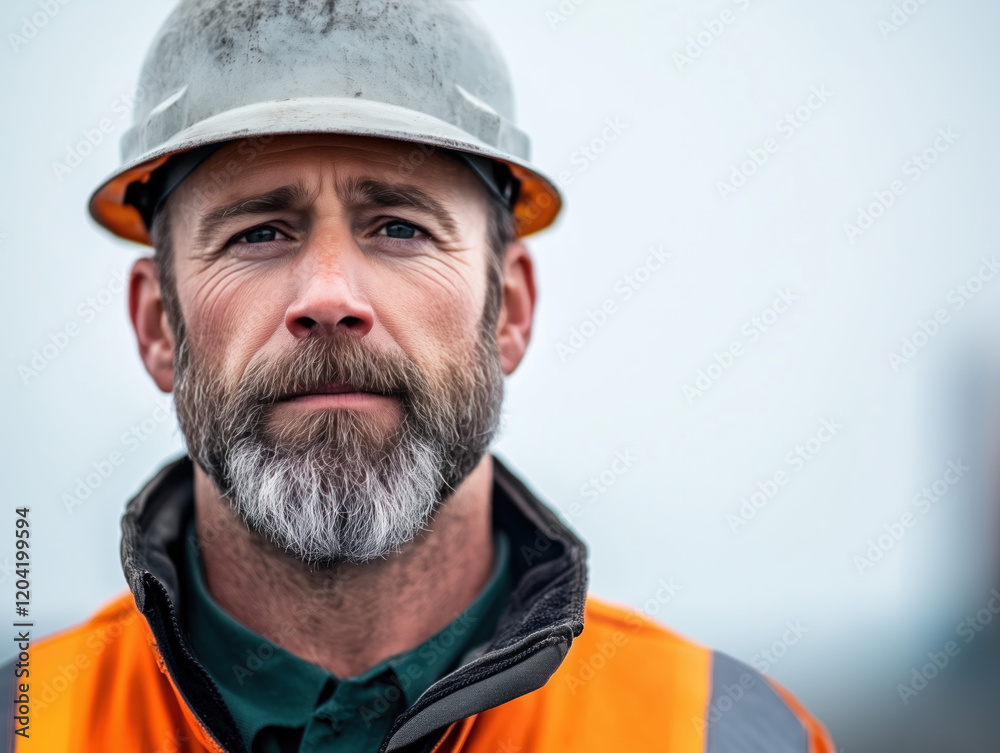 Bearded Construction Worker Wearing Hard Hat and Safety Vest Bearded Construction Worker Wearing Hard Hat and Safety Vest