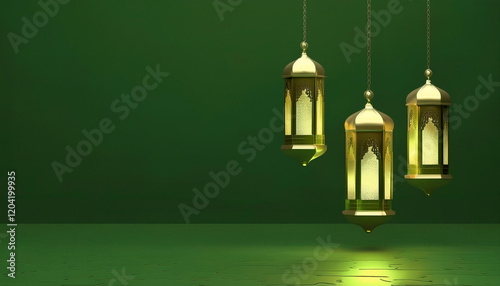 Beautifully Illuminated Mosque with Golden Domes and Minarets Under a Starry Night Sky with Hanging Lights