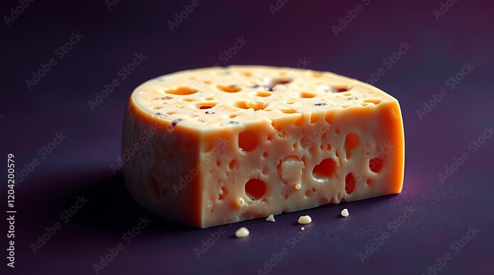Close-up of a round cheese wedge with holes, on a dark background. Close-up of a round cheese wedge with holes, on a dark background.