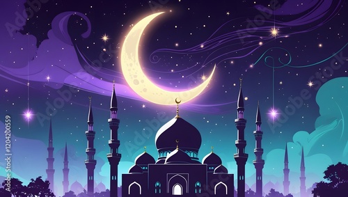 Silhouette of a Mosque at Sunrise/Sunset with Crescent Moon.