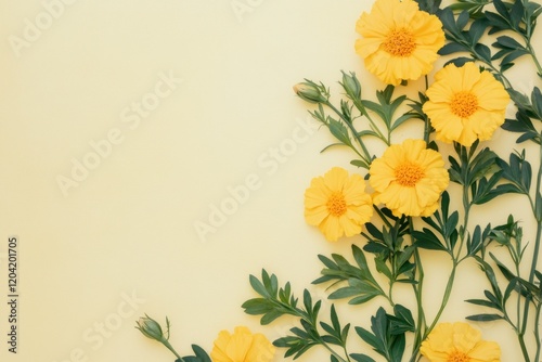 Bright yellow marigold flowers arranged beautifully against a soft yellow backdrop in a fresh and lively display photo