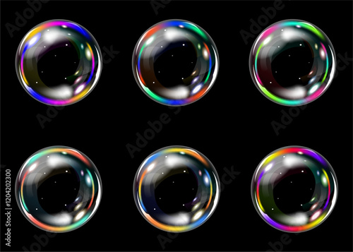 Water serum drop texture. Liquid gel with bubbles circle set. Transparent soap bubbles 3d soap balloons on black background. Foam, powder, soap, detergent. Vector illustration.