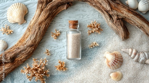 Sunlight illuminates a creative mix of seashells and driftwood, alongside a glass bottle of fine sand, recalling memories of coastal treasures from relaxing beach walks photo