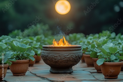 Ornate pot, burning fire, plants, serene setting. photo