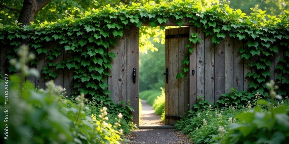 Wooden Gate Ajar, Revealing a Serene Path Through Lush Greenery and Blooming Flora Wooden Gate Ajar, Revealing a Serene Path Through Lush Greenery and Blooming Flora