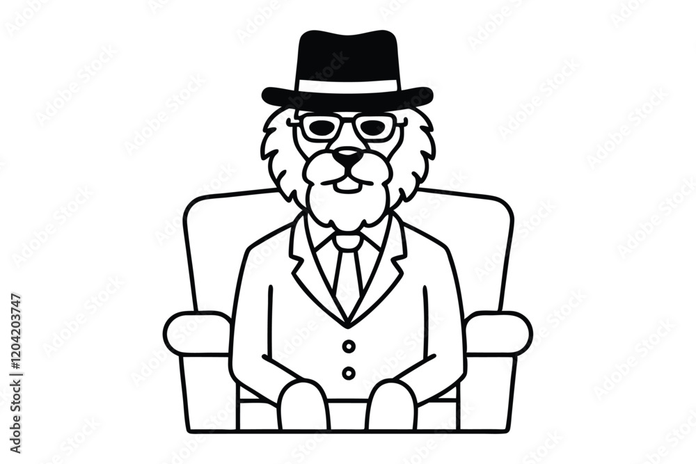 A dapper lion wearing a fedora and glasses, sitting on a leather chair line art illustration.eps A dapper lion wearing a fedora and glasses, sitting on a leather chair line art illustration.eps