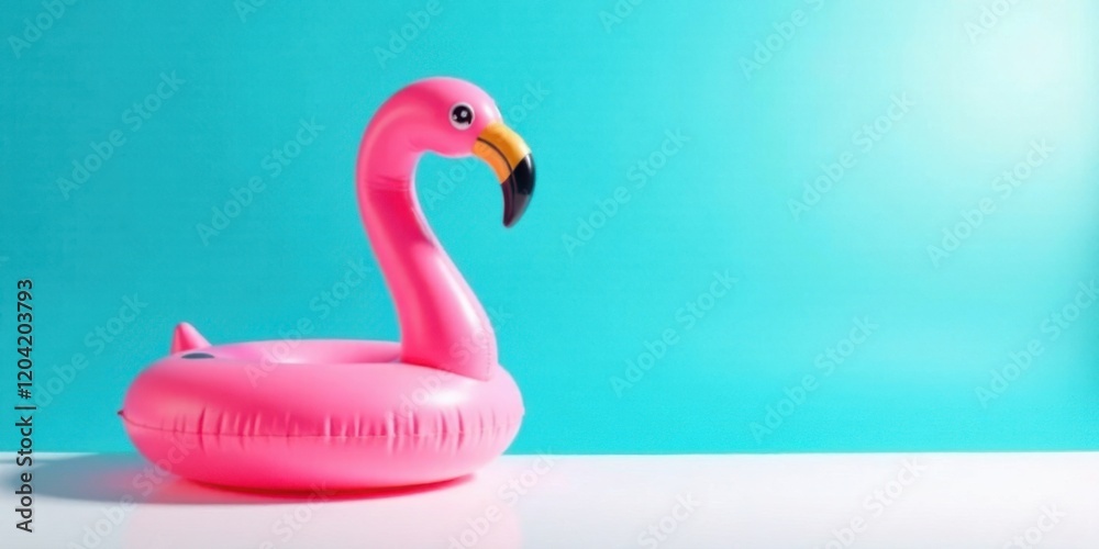 Pink Flamingo Inflatable Ring on a Bright Teal Background, Perfect for Summer Vacation Themes and Relaxation Imagery