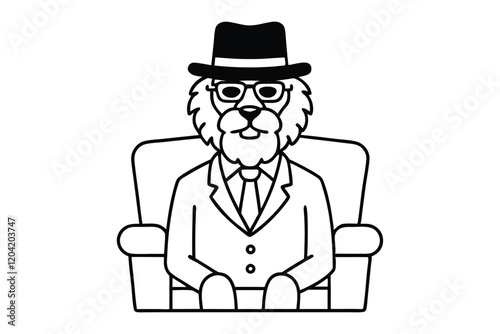 A dapper lion wearing a fedora and glasses, sitting on a leather chair line art illustration.eps