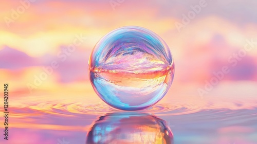 A delicately suspended glass orb reflecting pastel holographic patterns.