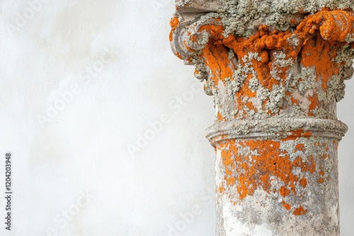 Orange lichen covers a weathered stone column against a white wall, showcasing the effects of time and nature. photo