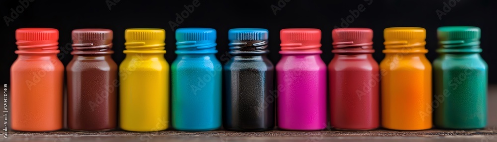 Colorful paint bottles arranged neatly on a wooden surface, perfect for creative projects. Colorful paint bottles arranged neatly on a wooden surface, perfect for creative projects.