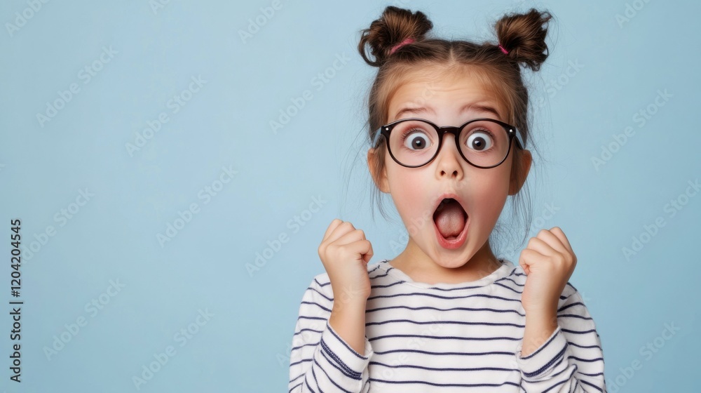 Excited Young Girl with Glasses Expressing Surprise and Joy Against a Light Blue Background Excited Young Girl with Glasses Expressing Surprise and Joy Against a Light Blue Background