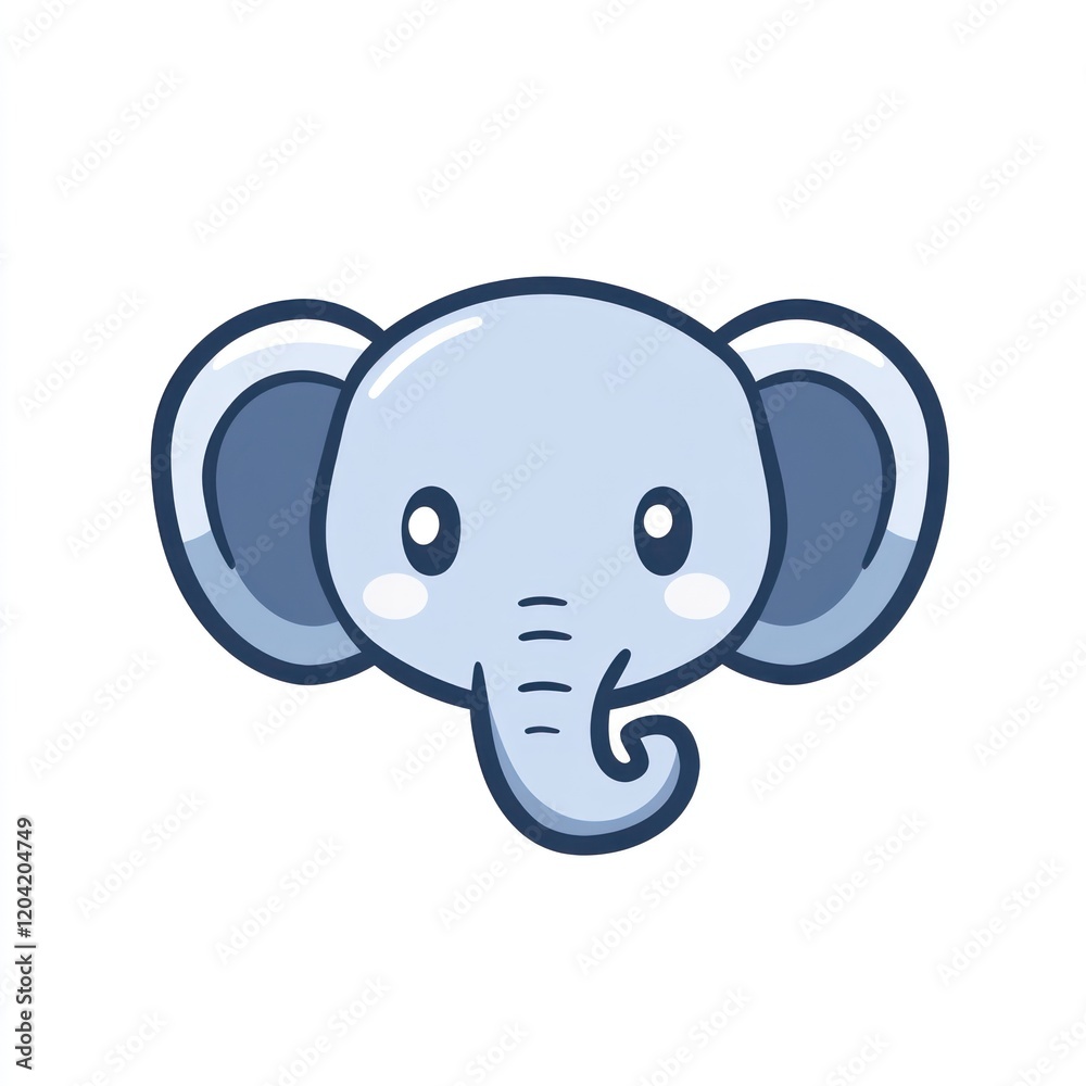 Fototapeta premium Cute cartoon elephant head, children's illustration, white background, animal portrait