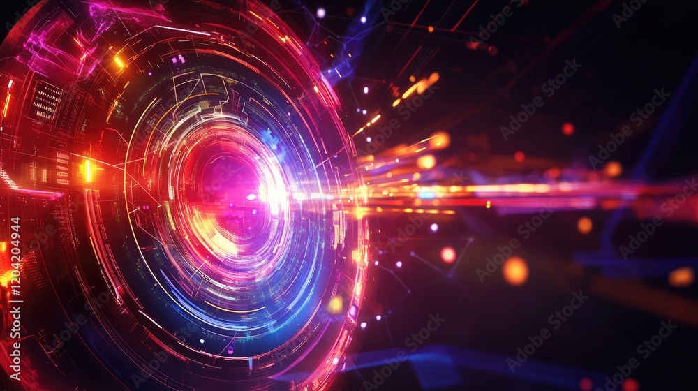 Obraz premium Vibrant and dynamic circular digital pattern with bright red, pink, blue and orange hues. Glowing lines and dots creating a high - tech and futuristic visual effect.