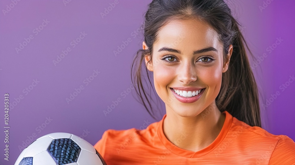 Energetic Female Soccer Player Posing with Ball in Portrait Style, Female soccer player in studio concept. Energetic Female Soccer Player Posing with Ball in Portrait Style, Female soccer player in studio concept.