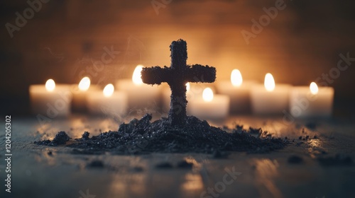 Cross made from ashes for Ash Wednesday with candles in serene light on dark wood background