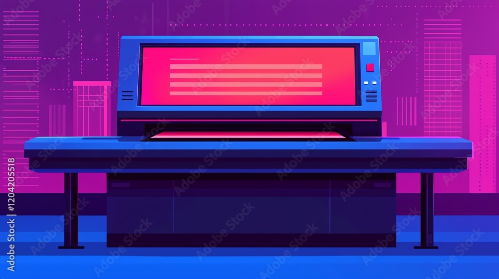 Futuristic digital printer with vibrant neon background in a modern workspace. Futuristic digital printer with vibrant neon background in a modern workspace.