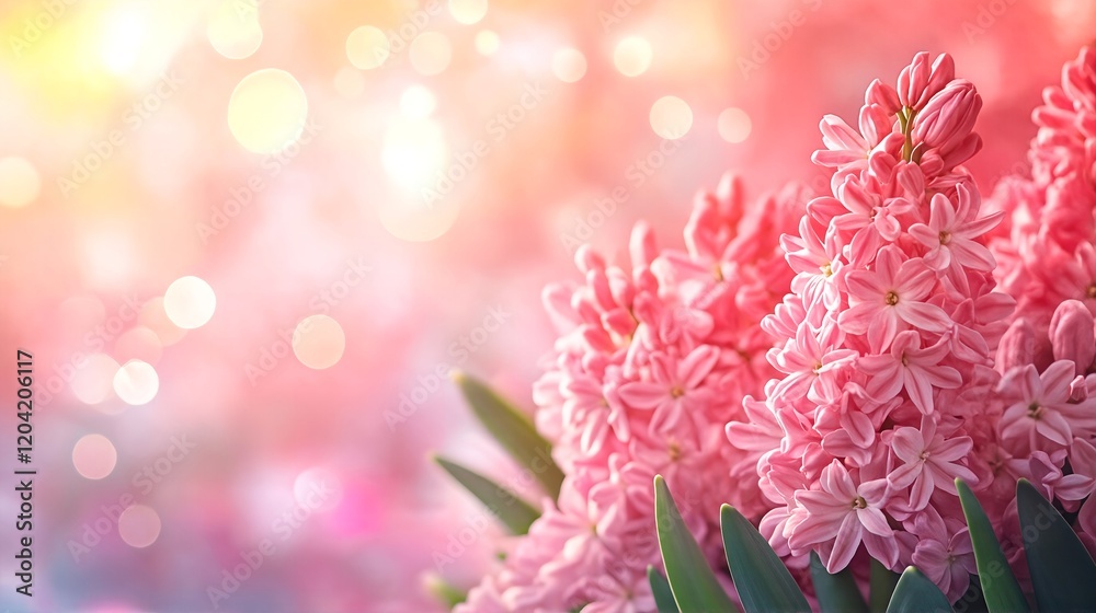 Pink flowers with green leaves on a blurred pink background. Pink flowers with green leaves on a blurred pink background.