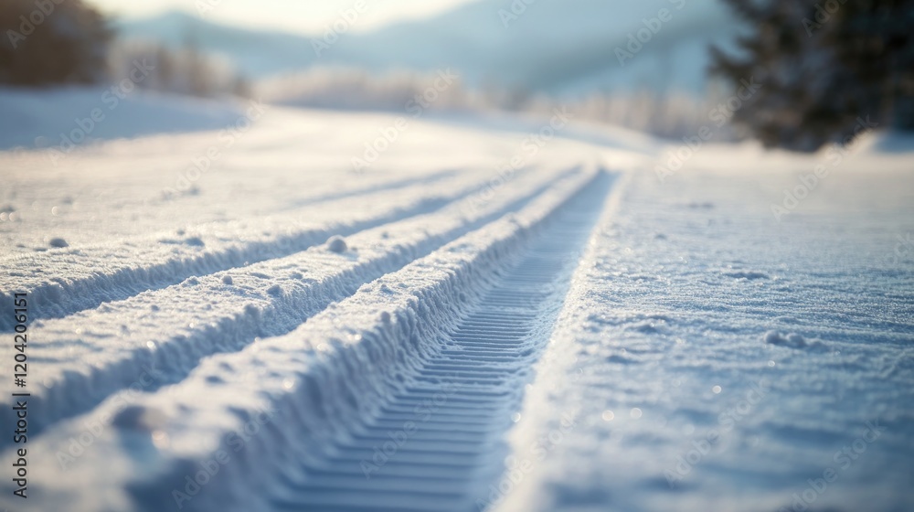 close-up of ski tracks carved into fresh snow leading toward softly blurred mountainous horizon close-up of ski tracks carved into fresh snow leading toward softly blurred mountainous horizon
