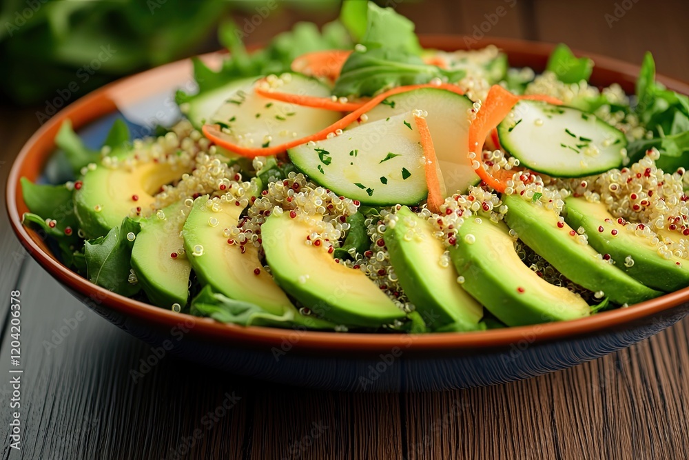 colorful quinoa salad with fresh greens and sliced avocado set against natural wooden background colorful quinoa salad with fresh greens and sliced avocado set against natural wooden background