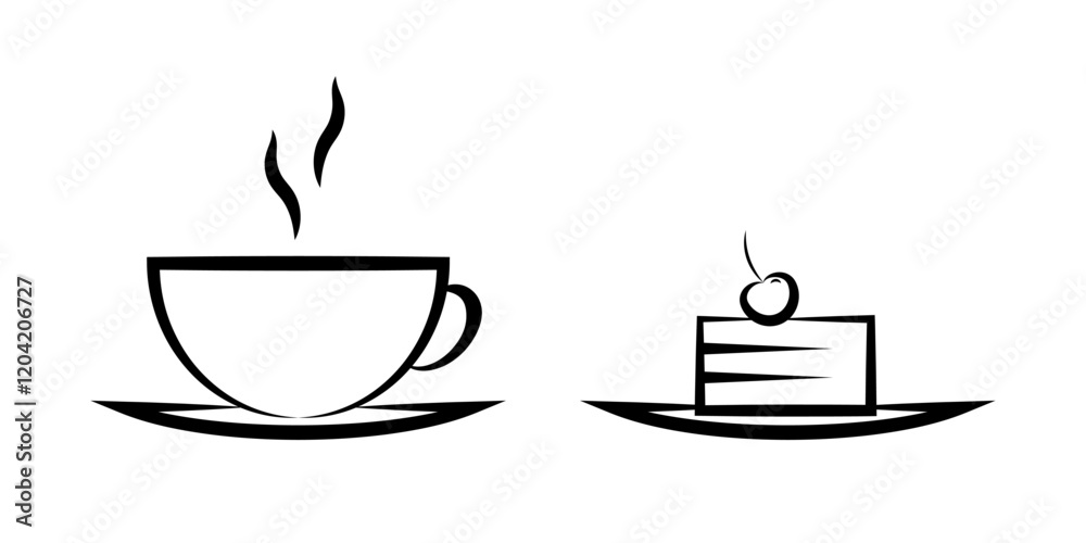 A cup of tea and a cake line icon in flat. A cup of coffee or tea and cherry cheesecake symbol on white Coffee with cherry pie icon in black Vector illustration for graphic design, Web, UI, mobile app A cup of tea and a cake line icon in flat. A cup of coffee or tea and cherry cheesecake symbol on white Coffee with cherry pie icon in black Vector illustration for graphic design, Web, UI, mobile app