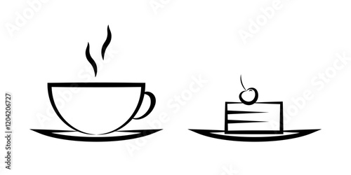 A cup of tea and a cake line icon in flat. A cup of coffee or tea and cherry cheesecake symbol on white Coffee with cherry pie icon in black Vector illustration for graphic design, Web, UI, mobile app