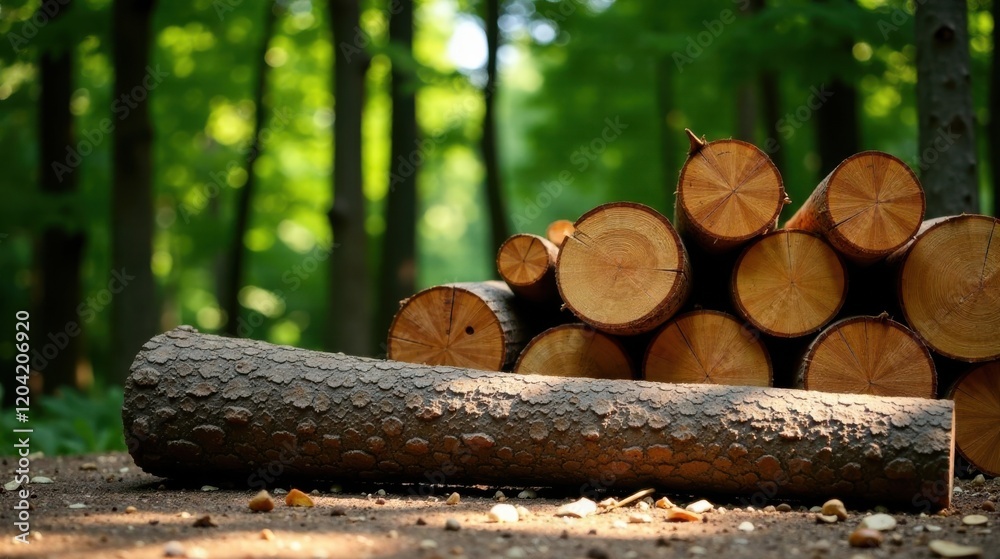 A sunlit forest scene featuring a large, rough-textured log lying next to a neatly stacked pile of freshly cut logs, suggesting logging activity and the beauty of nature's raw materials. A sunlit forest scene featuring a large, rough-textured log lying next to a neatly stacked pile of freshly cut logs, suggesting logging activity and the beauty of nature's raw materials.