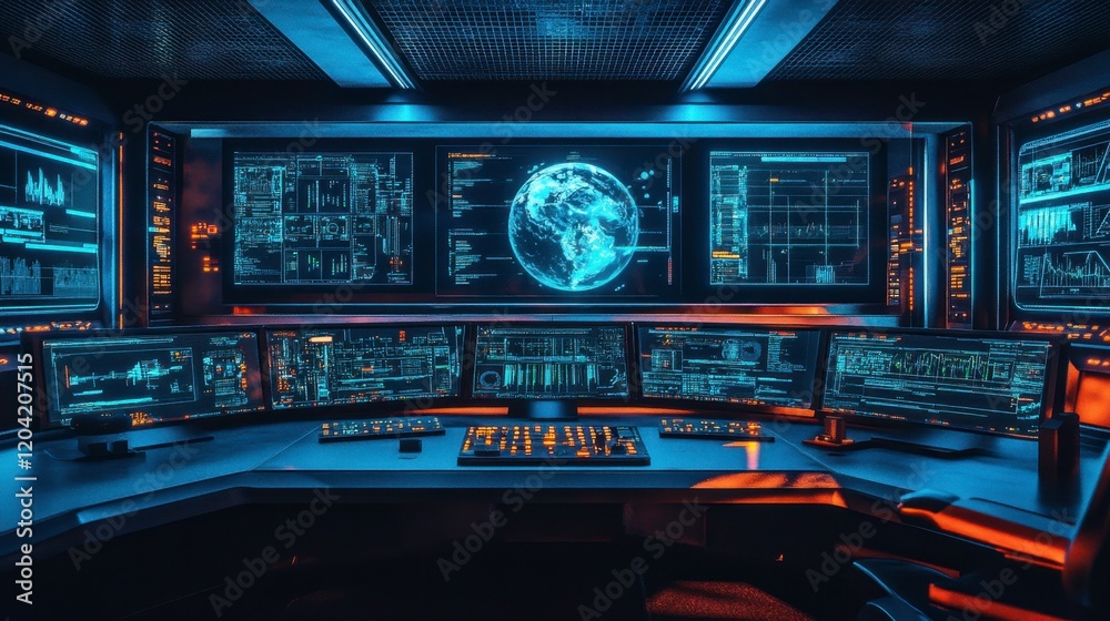 A futuristic control room with glowing holographic screens and advanced tech A futuristic control room with glowing holographic screens and advanced tech