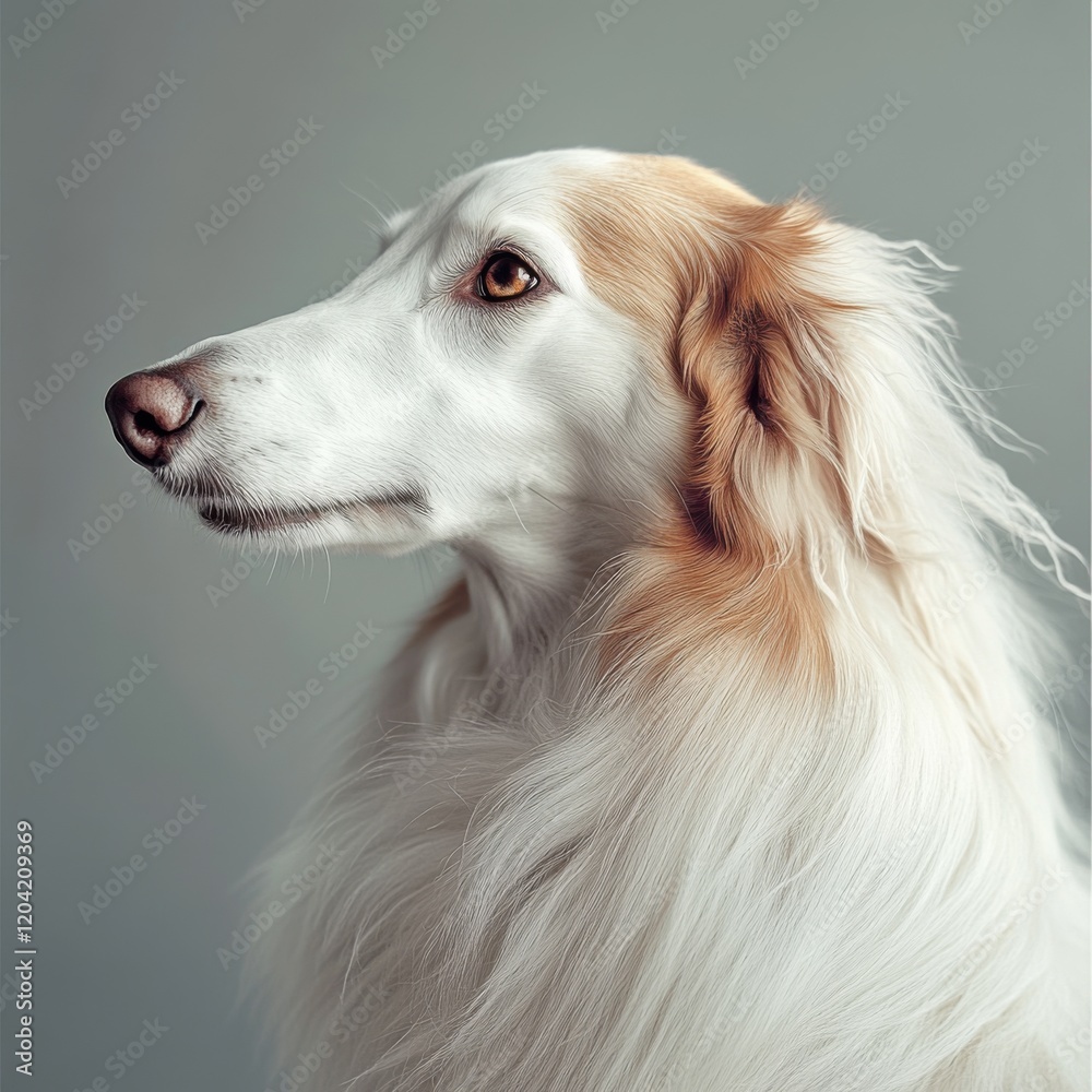 Elegant close-up portrait of a Borzoi with flowing white and tan fur Elegant close-up portrait of a Borzoi with flowing white and tan fur