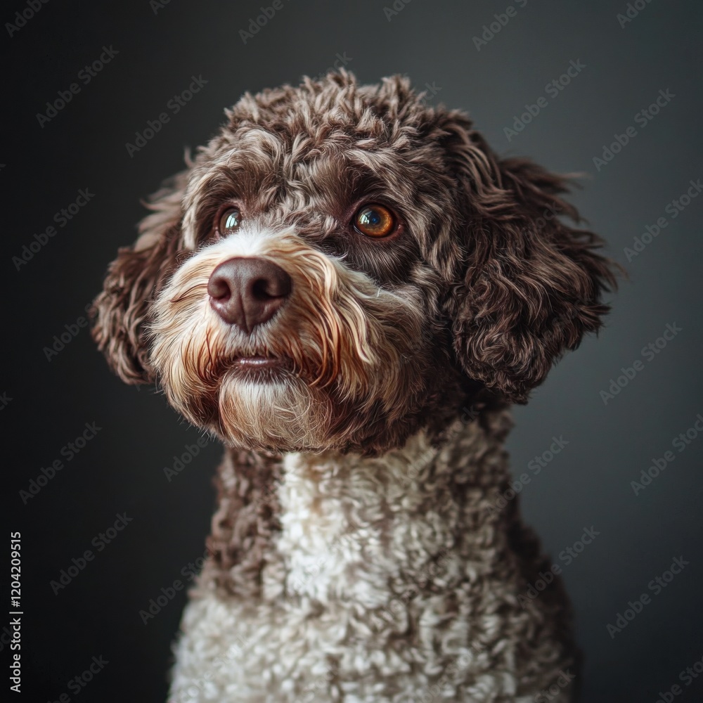 Close-up portrait of lagotto romagnolo with curly brown and white fur Close-up portrait of lagotto romagnolo with curly brown and white fur