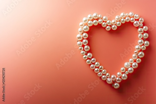 heart-shaped ornament made of pearls resting on smooth coral background with faint lighting gradients