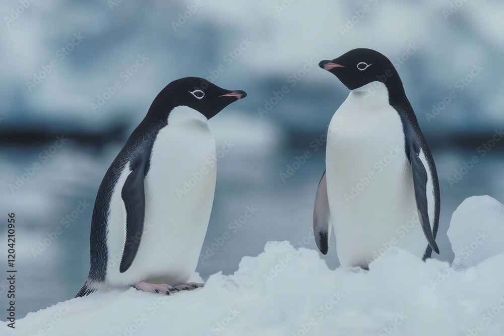 Obraz premium Two adelie penguins standing on ice floe in antarctica