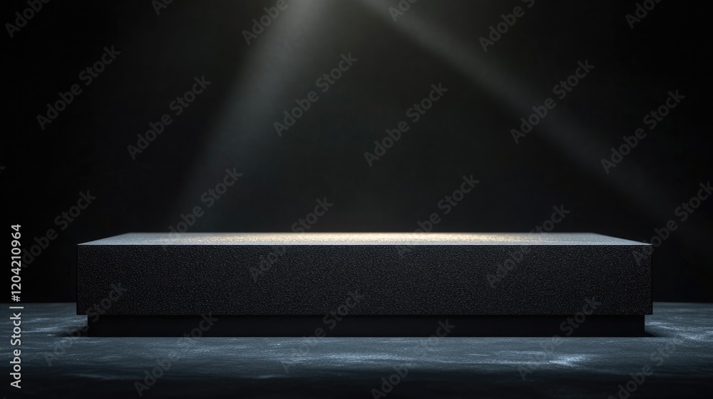 low-angle shot of rectangular podium with matte black finish illuminated by dramatic lighting low-angle shot of rectangular podium with matte black finish illuminated by dramatic lighting
