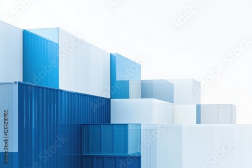 Abstract architectural design featuring stacked shipping containers in blue and white, creating a modern, minimalist structure.