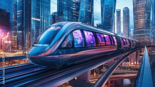 A futuristic monorail gliding through a high-tech city with skyscrapers and holograms