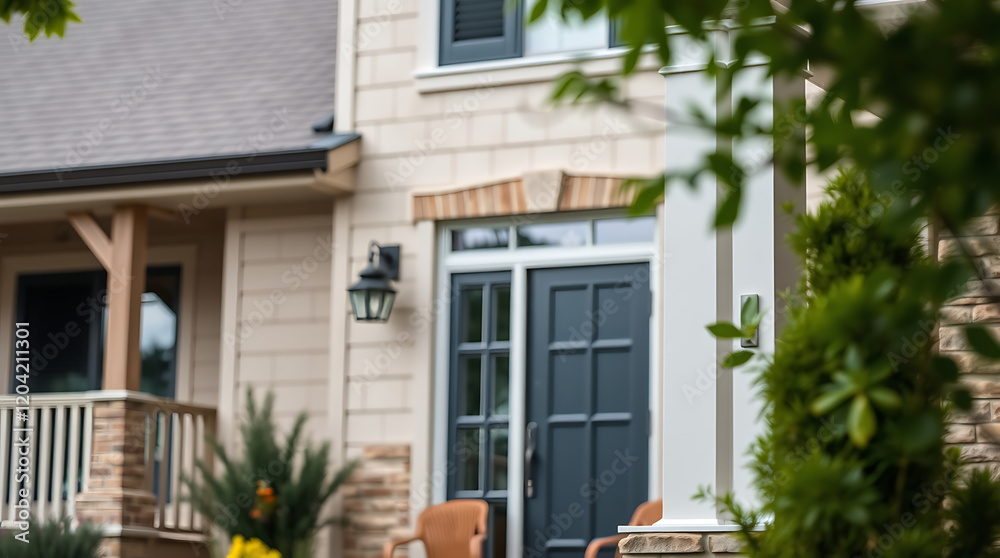 Luxury House Exterior: Modern Home Design and Architecture. Beautiful Residential Property with Stone and Brick Facade, Porch, and Landscaping.