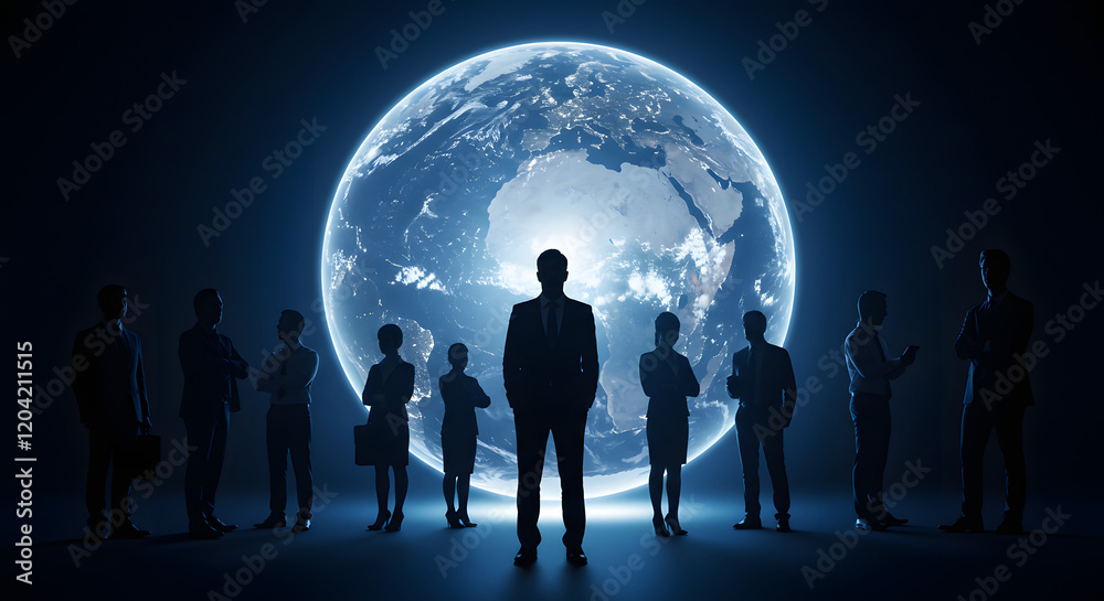 The outlines of professionals are set against a sizable transparent globe. The outlines of professionals are set against a sizable transparent globe.