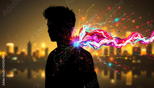 Silhouette and colorful energy created with  technology, graphic novel art, with white tones