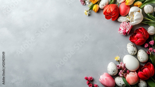 Happy Easter! Colorful Easter chocolate eggs with cherry blossoms flat lay on blue background. Greeting card or banner