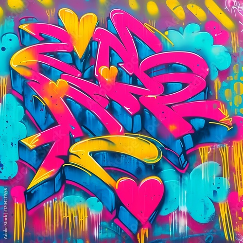Bold, colorful graffiti featuring dynamic shapes and shades of blue, pink, and yellow creates an energetic and vibrant visual.