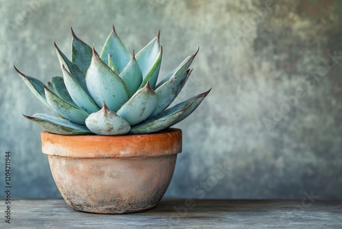 Agave succulent in a terracotta pot, showcasing its blue-green leaves and sharp points against a muted background. photo