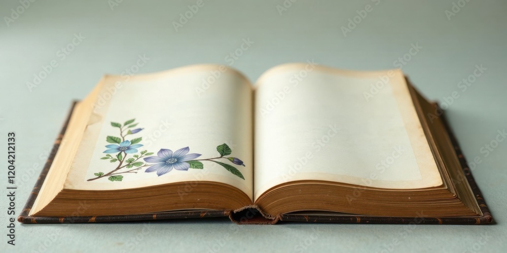 An antique book with blank pages, adorned with a delicate floral illustration, rests open, inviting contemplation and creative inspiration. An antique book with blank pages, adorned with a delicate floral illustration, rests open, inviting contemplation and creative inspiration.