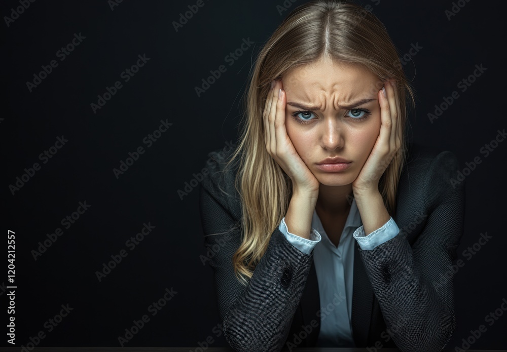 Woman with stressed expression in a dark office setting Woman with stressed expression in a dark office setting
