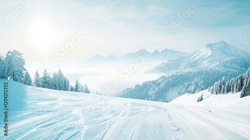 scenic mountain view with ski tracks leading down pristine slope framed by bright cloudless sky