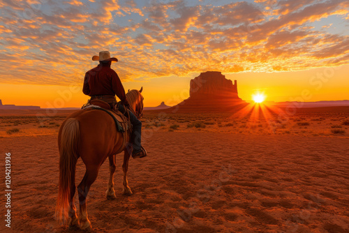 Silhouette, A silhouette of a cowboy riding a horse in a desert landscape, high fidelity version for stock image use.