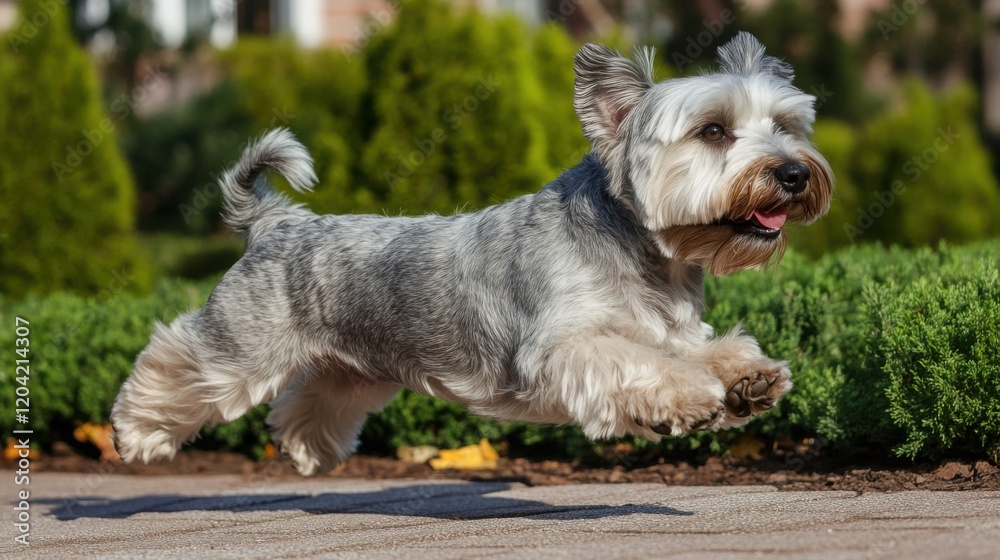Dandie Dinmont Terrier running energetically in a garden with vibrant greenery Dandie Dinmont Terrier running energetically in a garden with vibrant greenery
