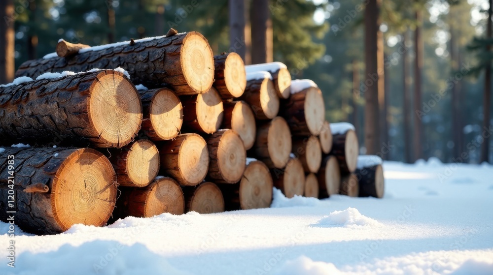 Winter Woodland Lumber Stack A Collection of Freshly Cut Logs Covered in a Light Layer of Snow, Resting Against a Background of Tall Pine Trees in a Sunlit Forest Winter Woodland Lumber Stack A Collection of Freshly Cut Logs Covered in a Light Layer of Snow, Resting Against a Background of Tall Pine Trees in a Sunlit Forest
