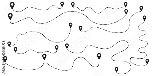 Travel vector icon. Travel from start point and dotted line tracing. Route icon between two points with dotted path and location pin. Location pointer continuous one line drawing. GPS navigation line 